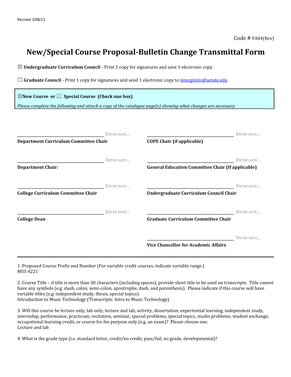 New/Special Course Proposal-Bulletin Change Transmittal Form