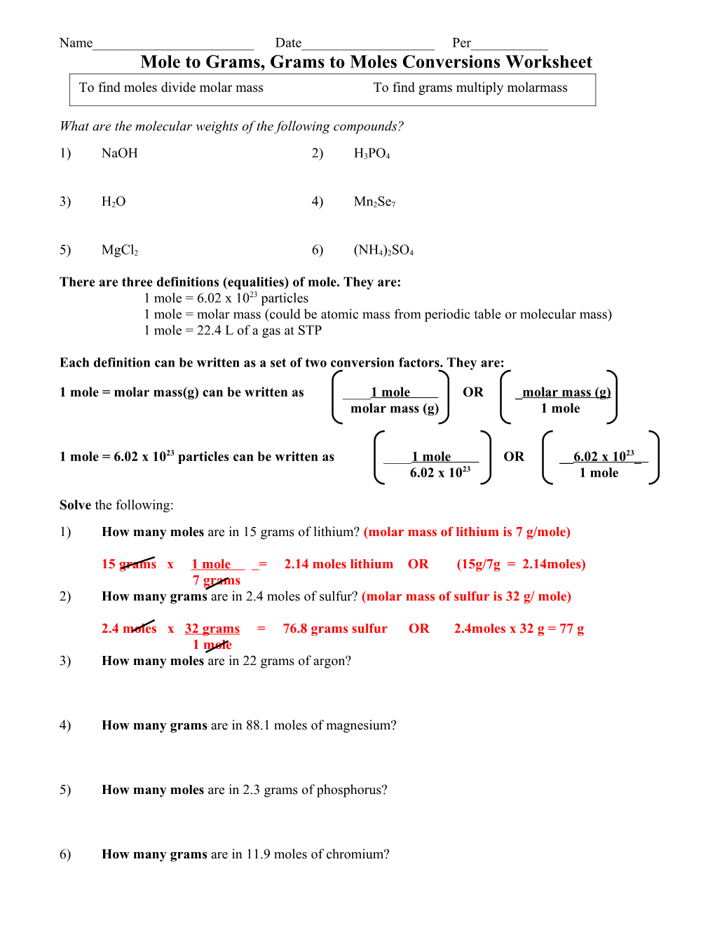 Mole Calculation Worksheet