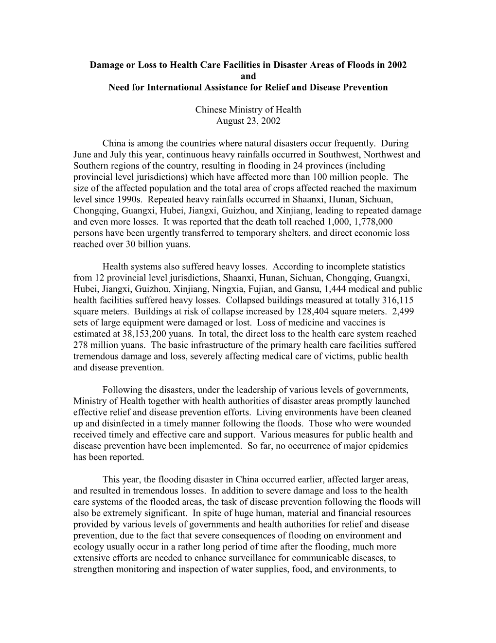 Damage Or Loss to Health Care Facilities in Disaster Areas of Floods in 2002