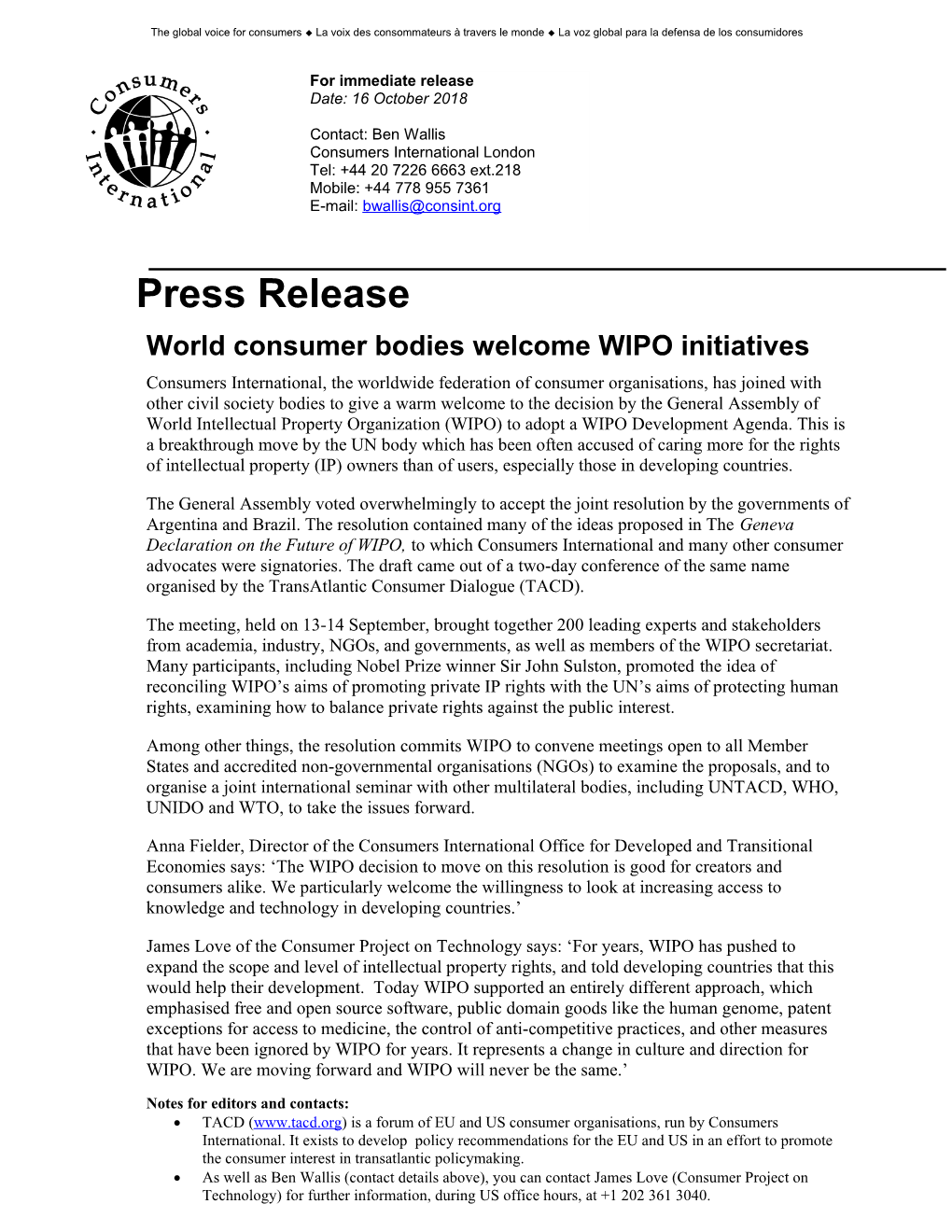 World Consumer Bodies Welcome WIPO Initiatives