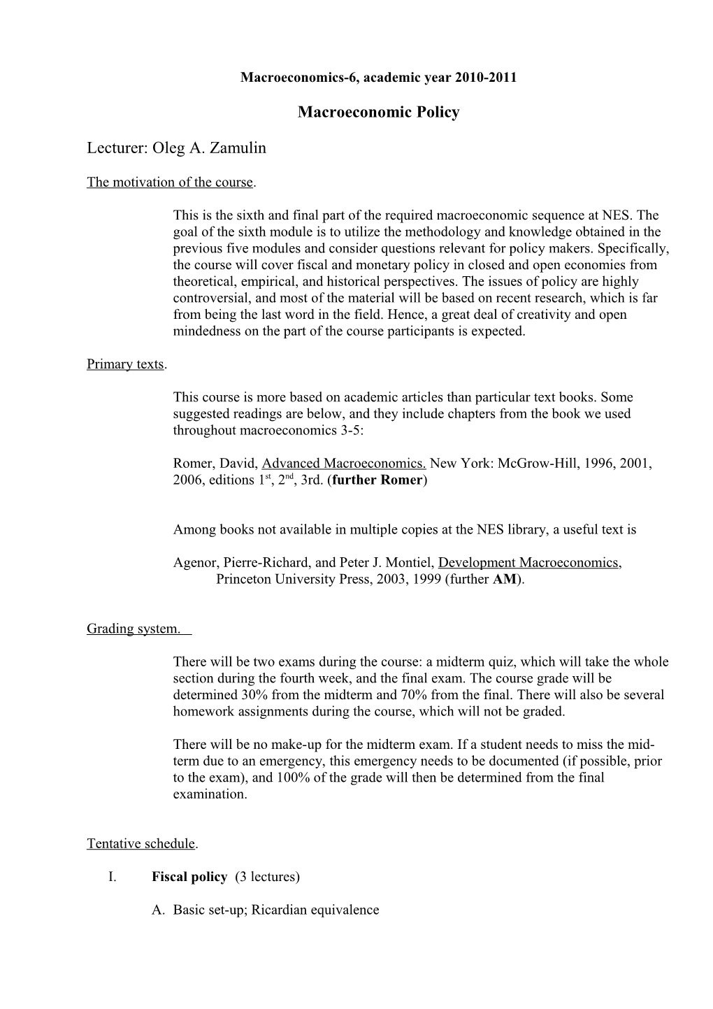 Macroeconomics 4, Acedemic Year 2001-2002