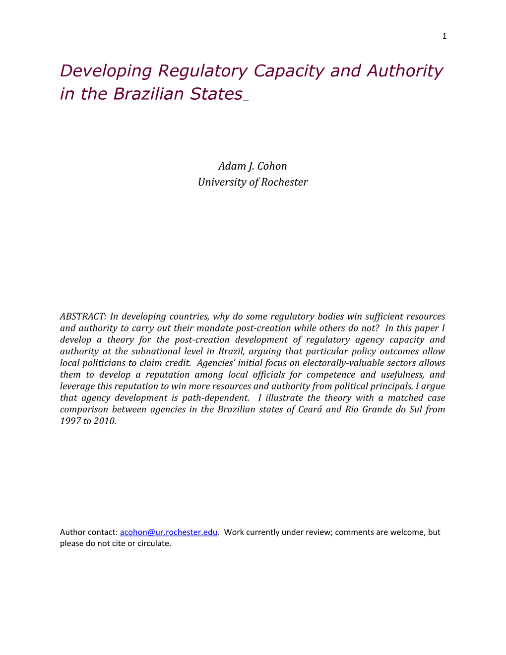 Developing Regulatory Capacity and Authority in the Brazilian States