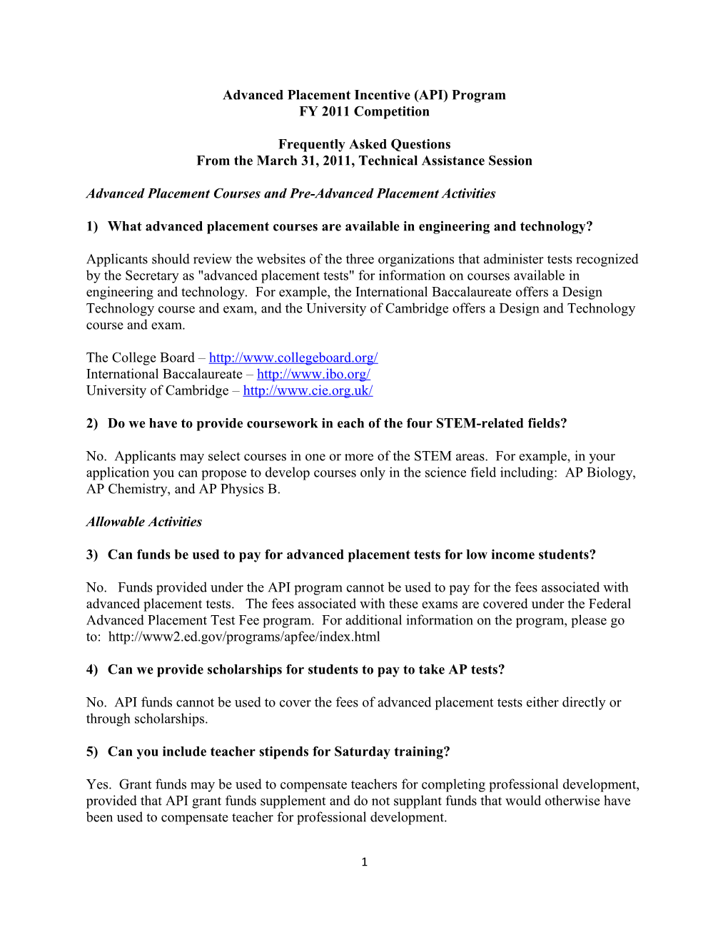 Advanced Placement Incentive Program FY 2011 Competition Frequently Asked Questions Fom