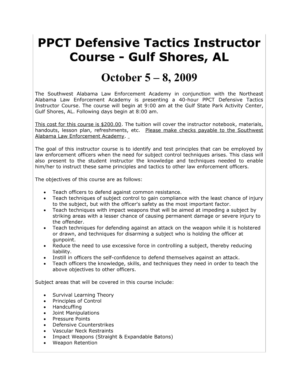 PPCT Defensive Tactics Instructor Course - Gulf Shores, AL