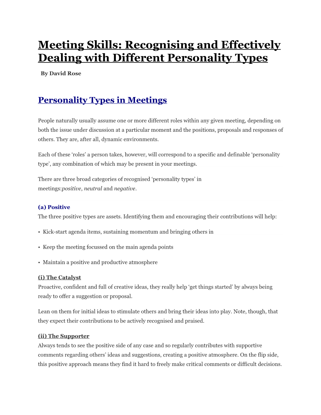 Meeting Skills: Recognising and Effectively Dealing with Different Personalitytypes