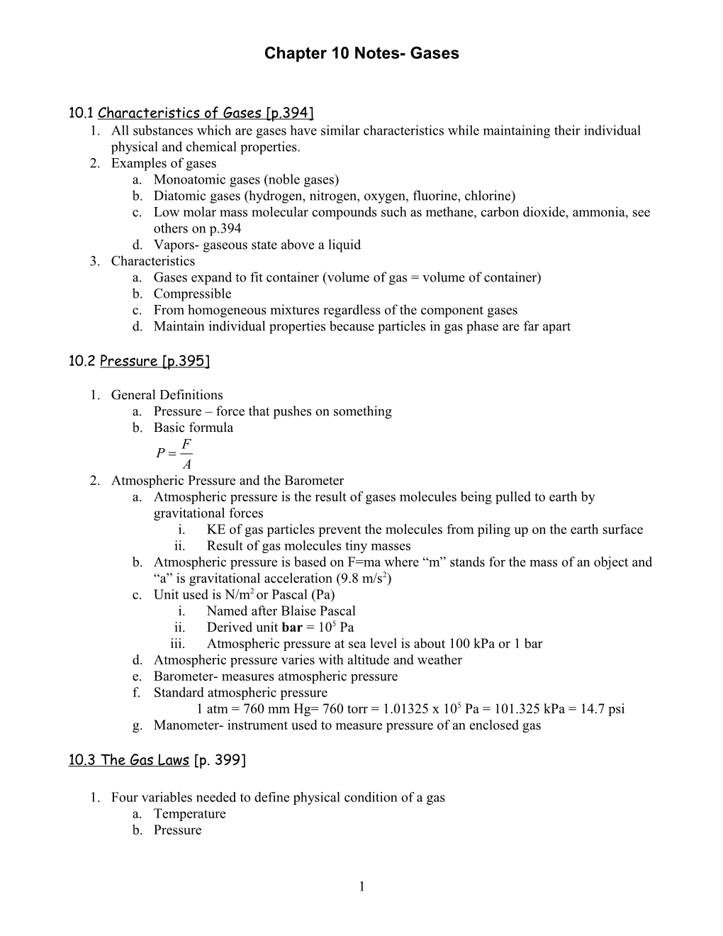 Chapter 10 Notes- Gases