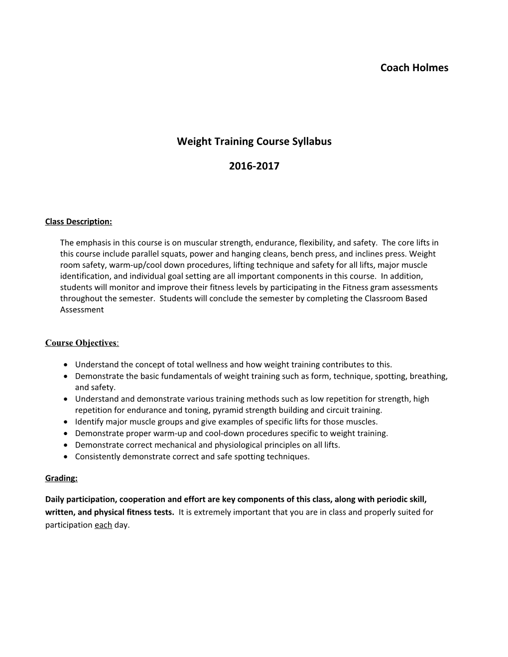 Weight Training Course Syllabus