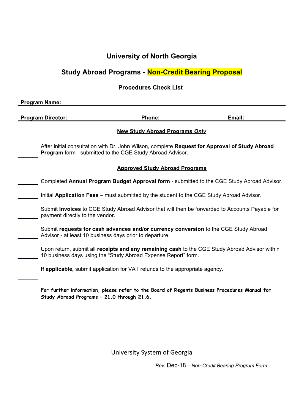 Study Abroad Programs- Non-Credit Bearing Proposal