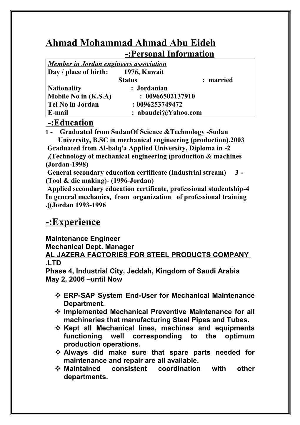 Ahmad Mohammad Ahmad Abu Eideh Personal Information