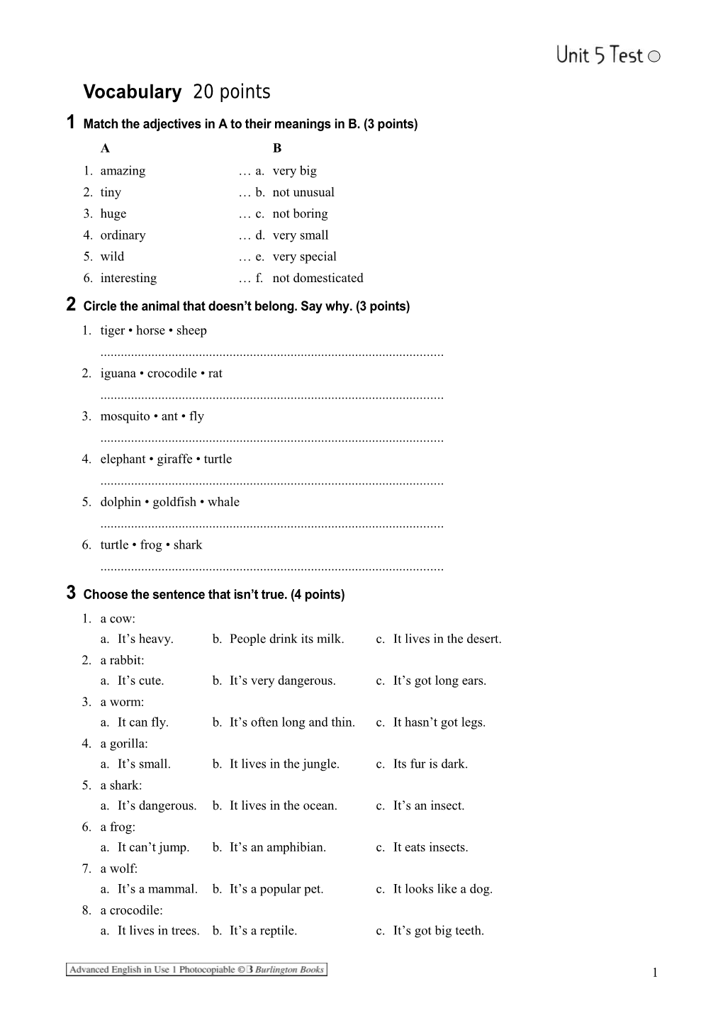 1Match the Adjectives in a to Their Meanings in B. (3 Points)