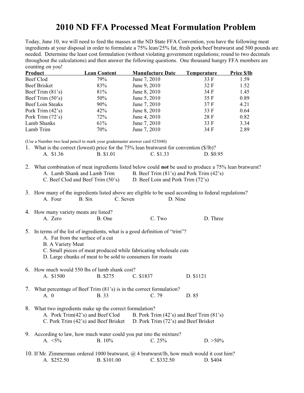 2002 ND FFA Processed Meat Formulation