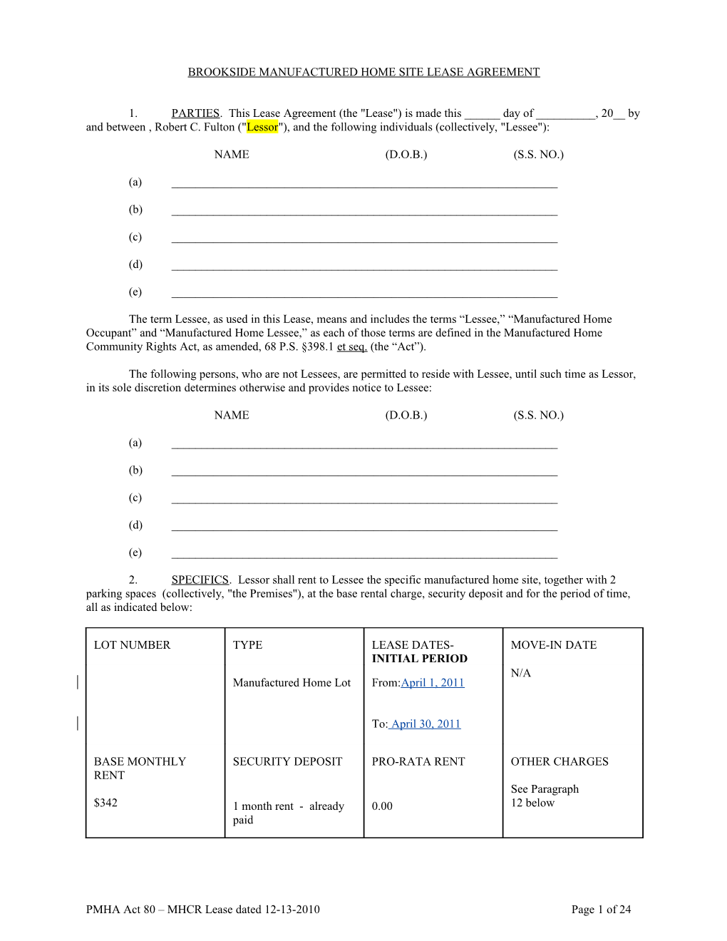 Brooksidemanufactured Home Site Lease Agreement