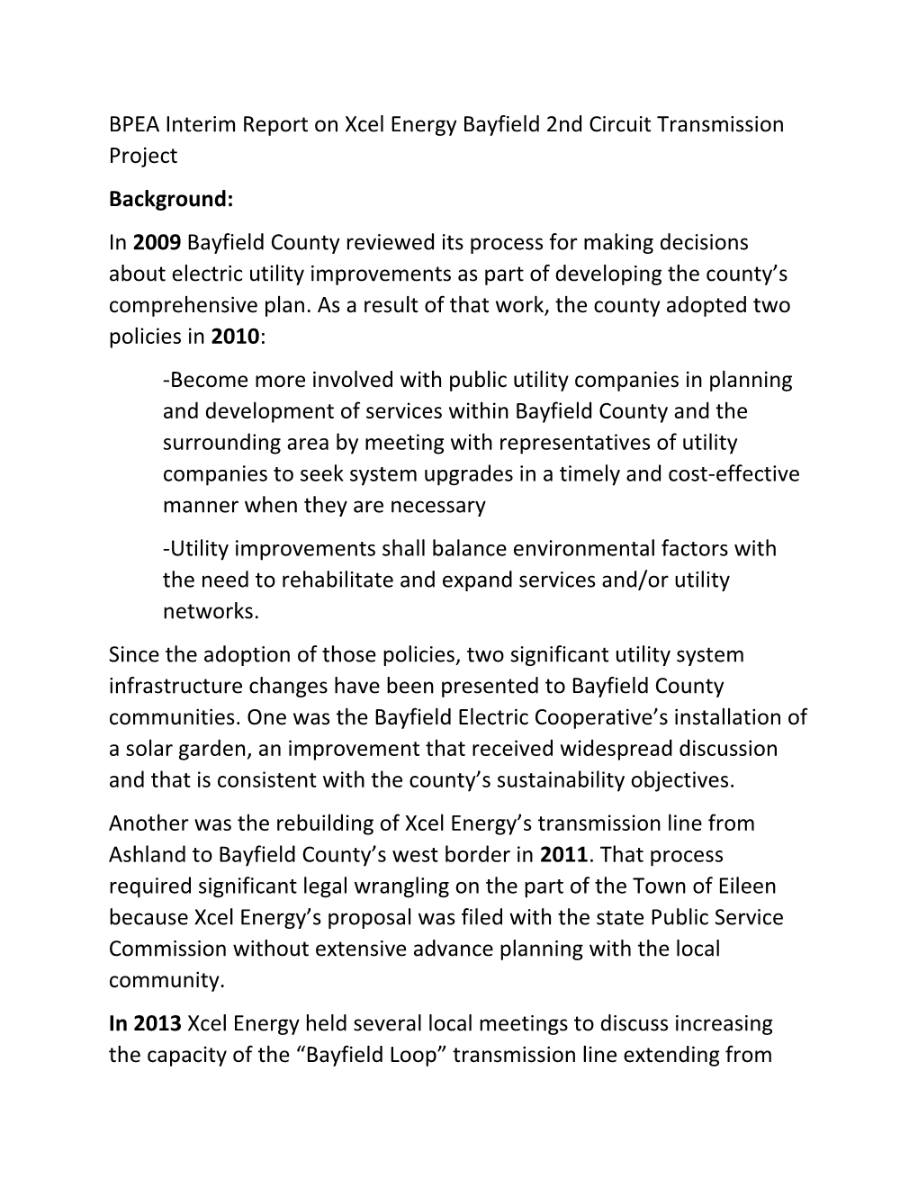 BPEA Interim Report on Xcel Energy Bayfield 2Nd Circuit Transmission Project