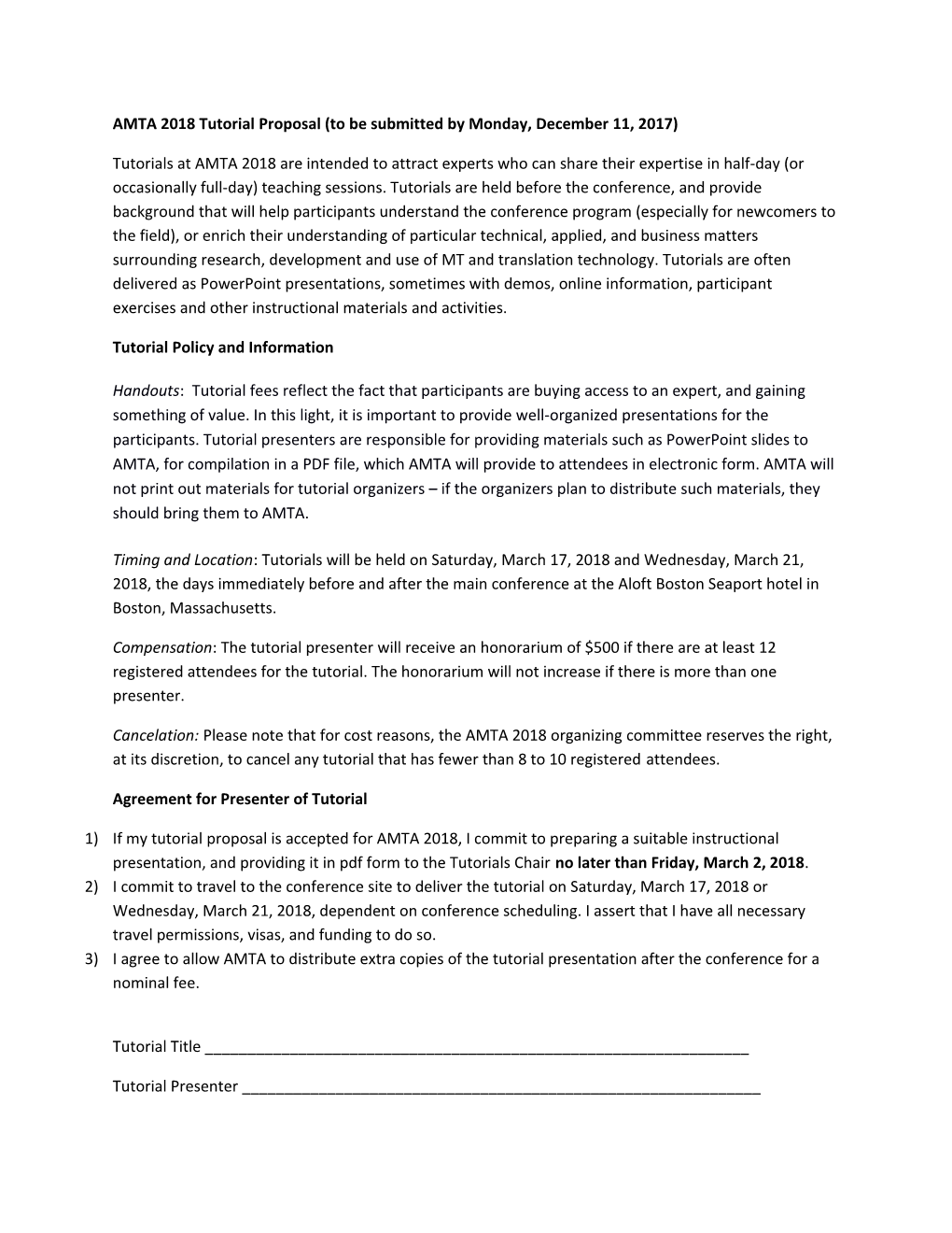 AMTA 2018 Tutorial Proposal (To Be Submitted by Monday, December 11, 2017)