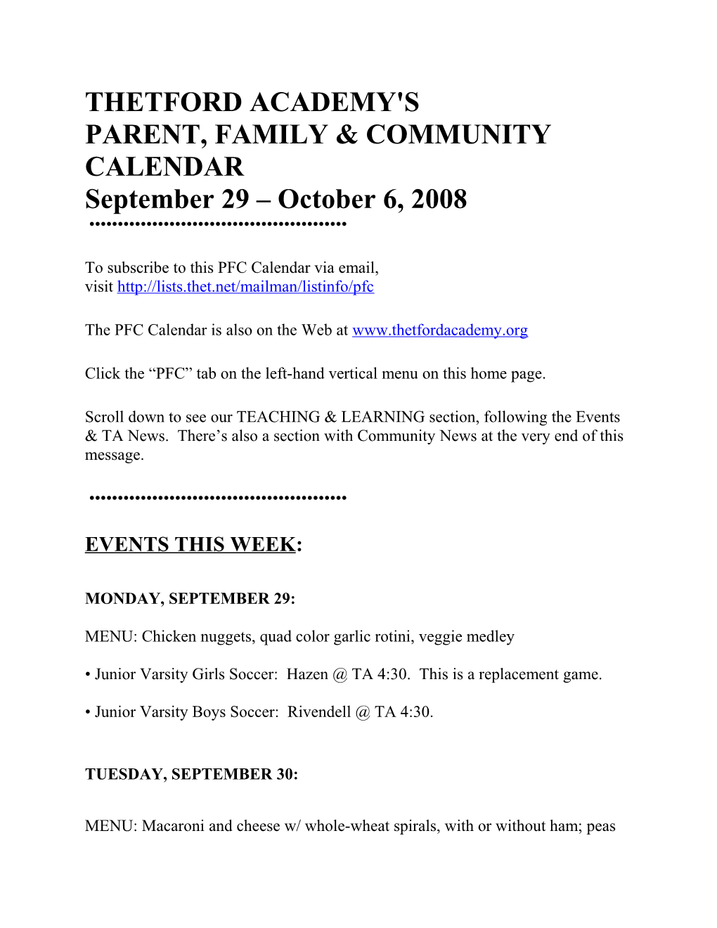 Parent, Family & Community Calendar