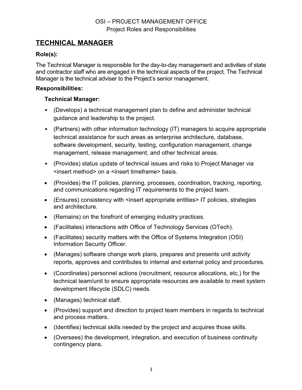 OSI Project Management Office Project Roles and Responsibilities