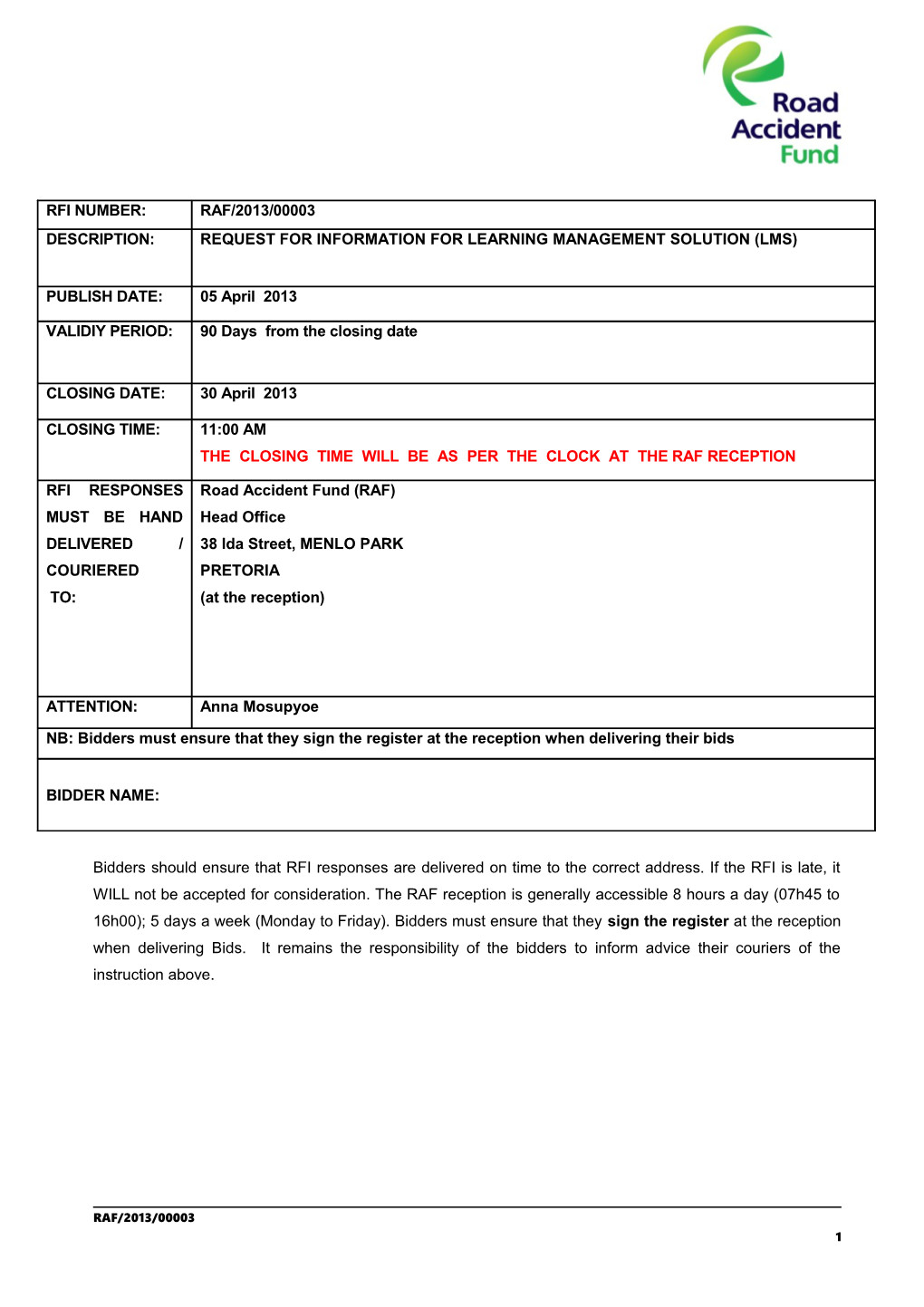 RFI RAF 2013/00003 Learning Management System (LMS)