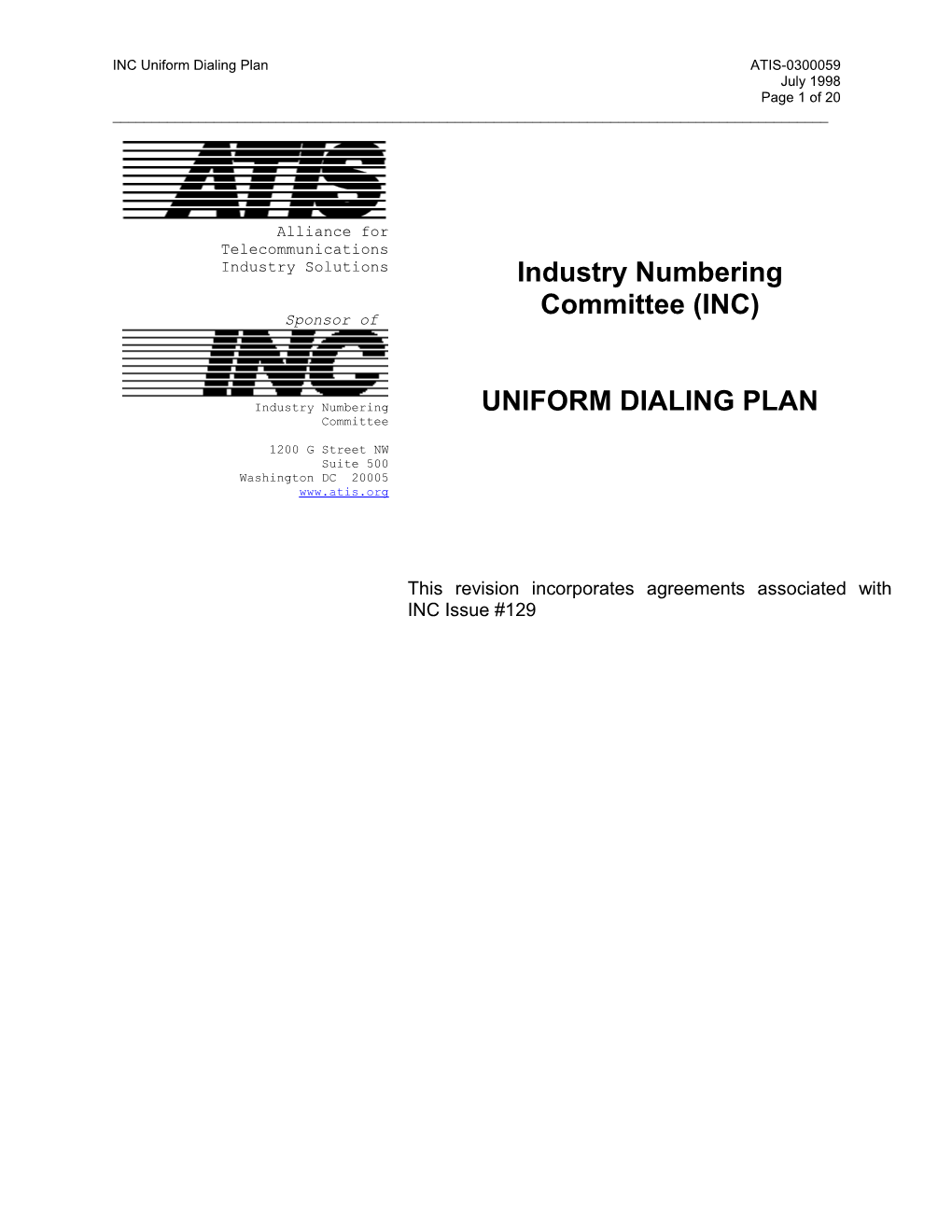 INC Uniform Dialing Plan ATIS-0300059