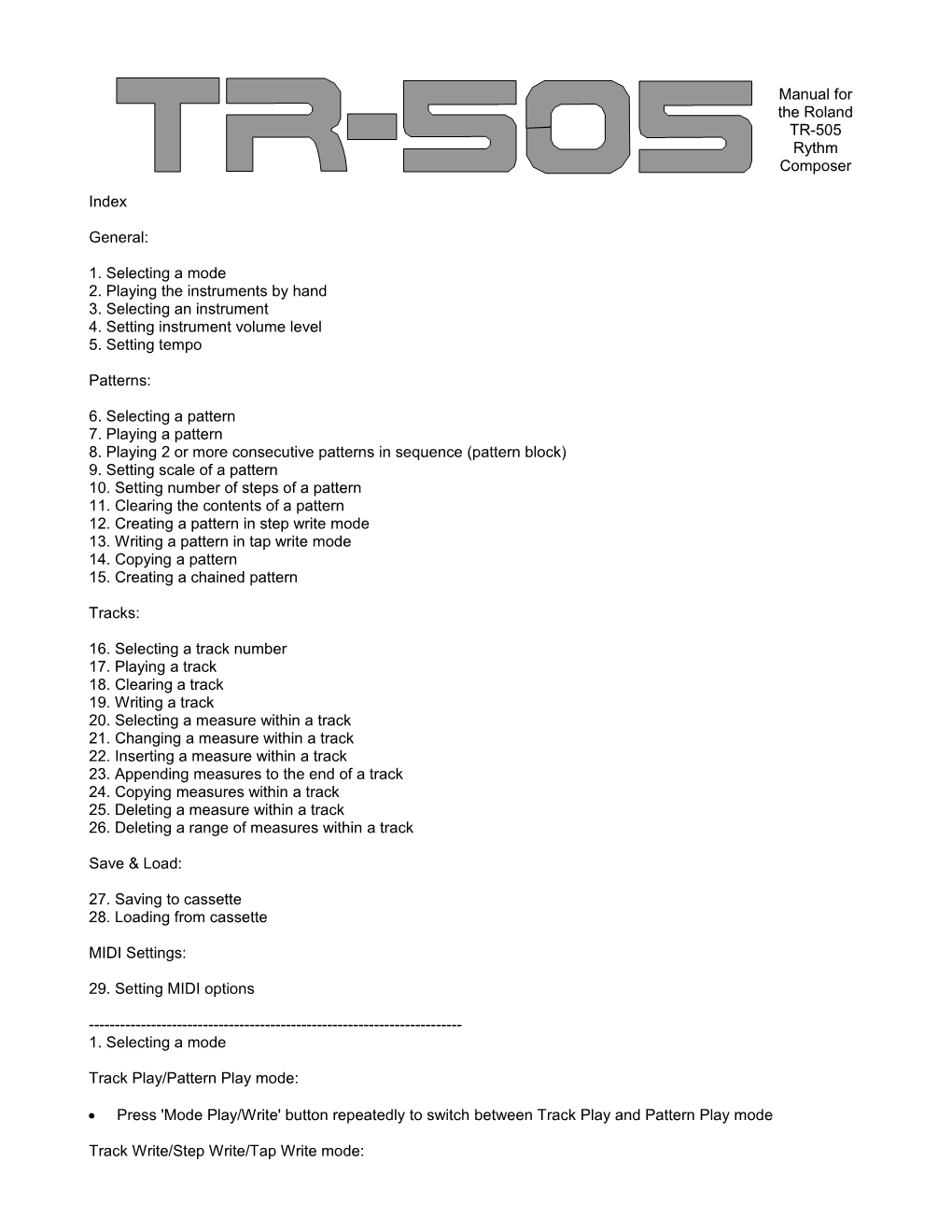 Manual for the Roland TR-505 Rythm Composer
