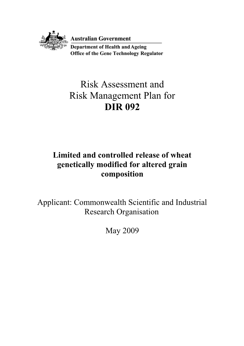 DIR 092 - Risk Assessment and Risk Management Plan