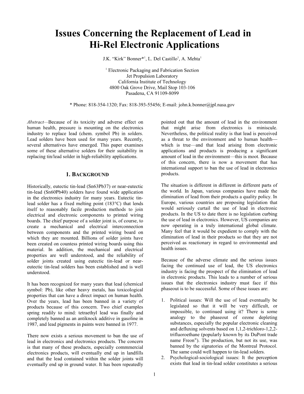 Issues Concerning the Replacement of Lead in Hi-Rel Electronic Applications