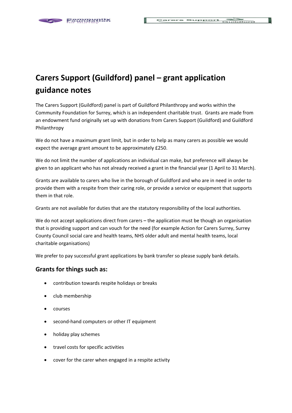 Carers Support (Guildford) Panel Grant Application Guidance Notes