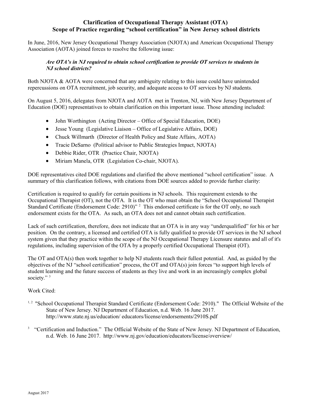 Clarification of Occupational Therapy Assistant (OTA) Scope of Practice Regarding School