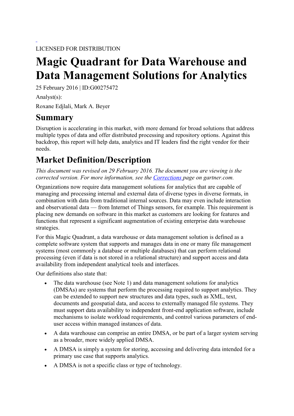 Magic Quadrant for Data Warehouse and Data Management Solutions for Analytics