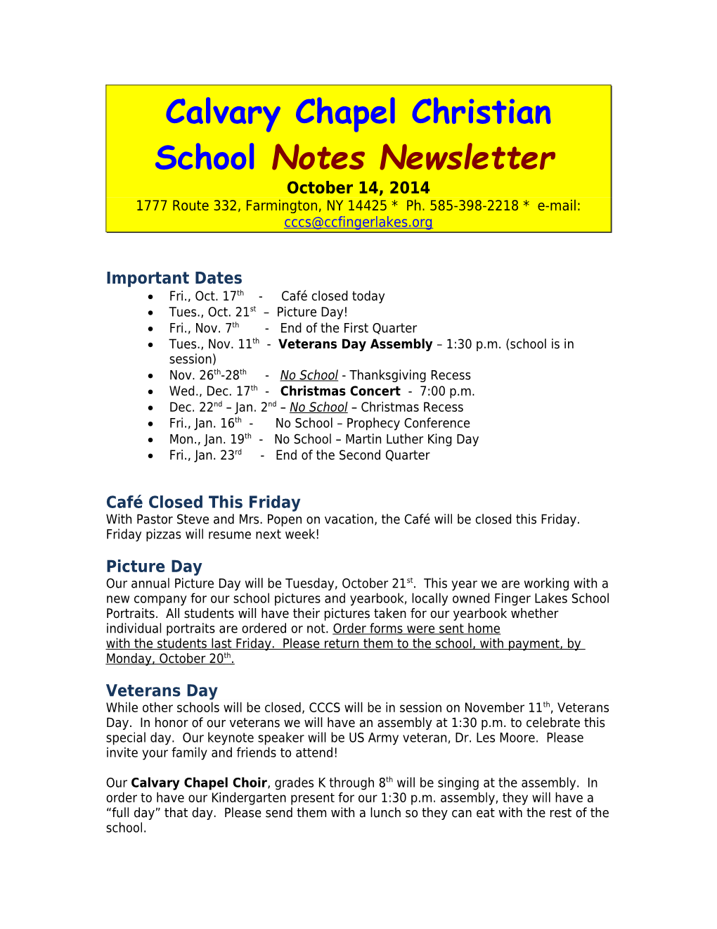 Calvary Chapel Christian Schoolnotes Newsletter