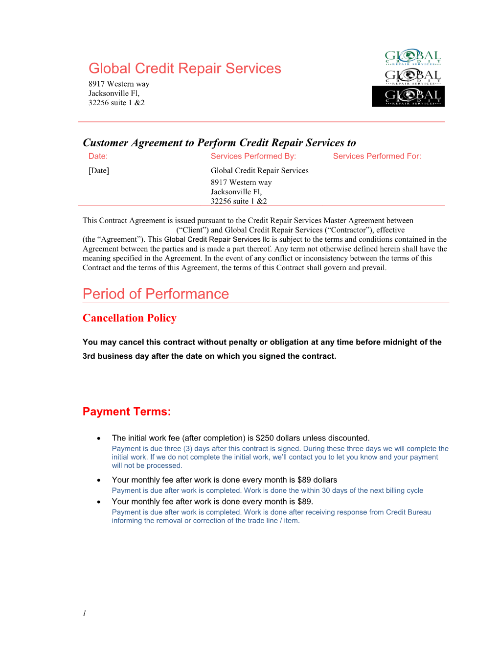 This Contract Agreement Is Issued Pursuant to the Credit Repair Services Master Agreement
