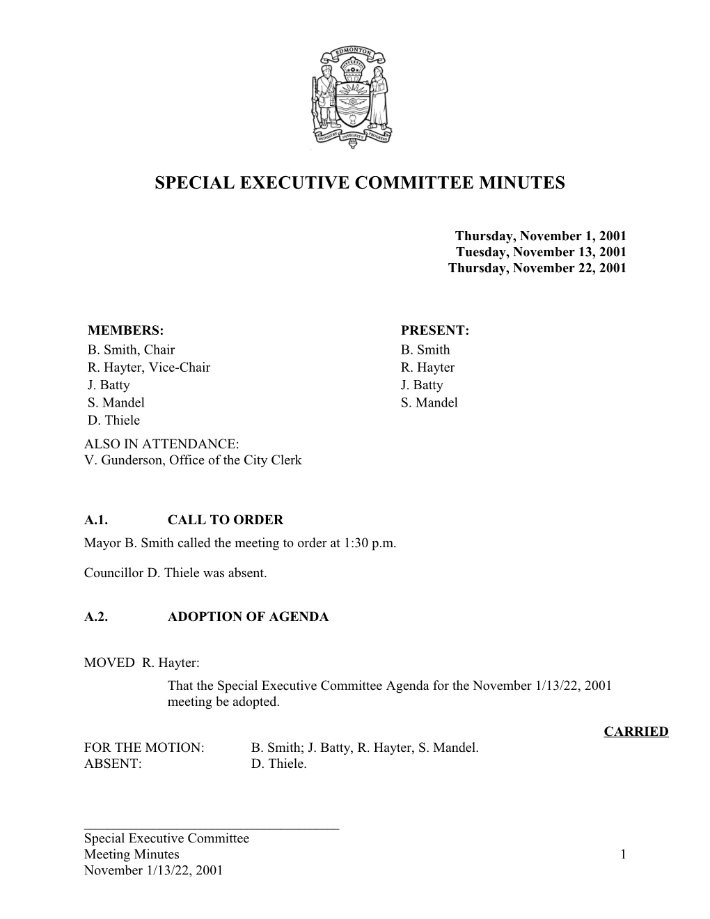 Minutes for Executive Committee November 1, 2001 Meeting