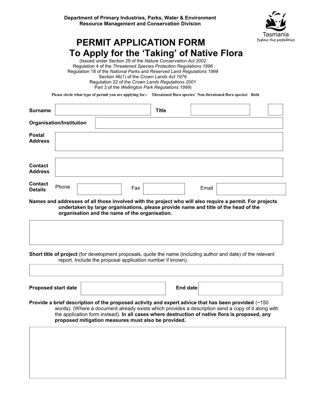 Permit Application Form to Apply for the 'Taking' of Native Flora