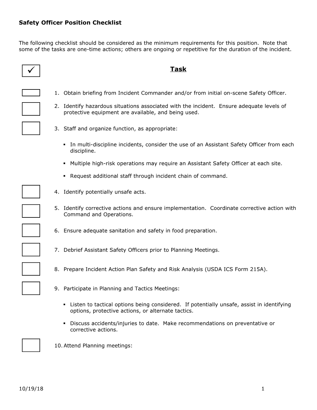 Safety Officer Position Checklist