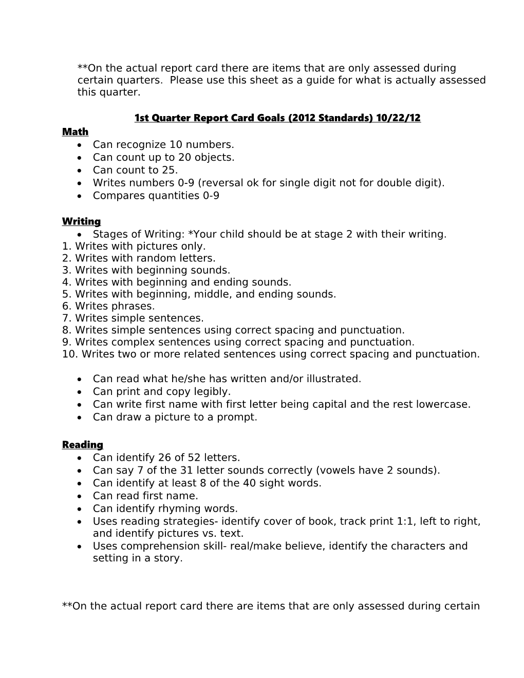 1St Quarter Report Card Goals (2010 Standards),Updated 8-30-10