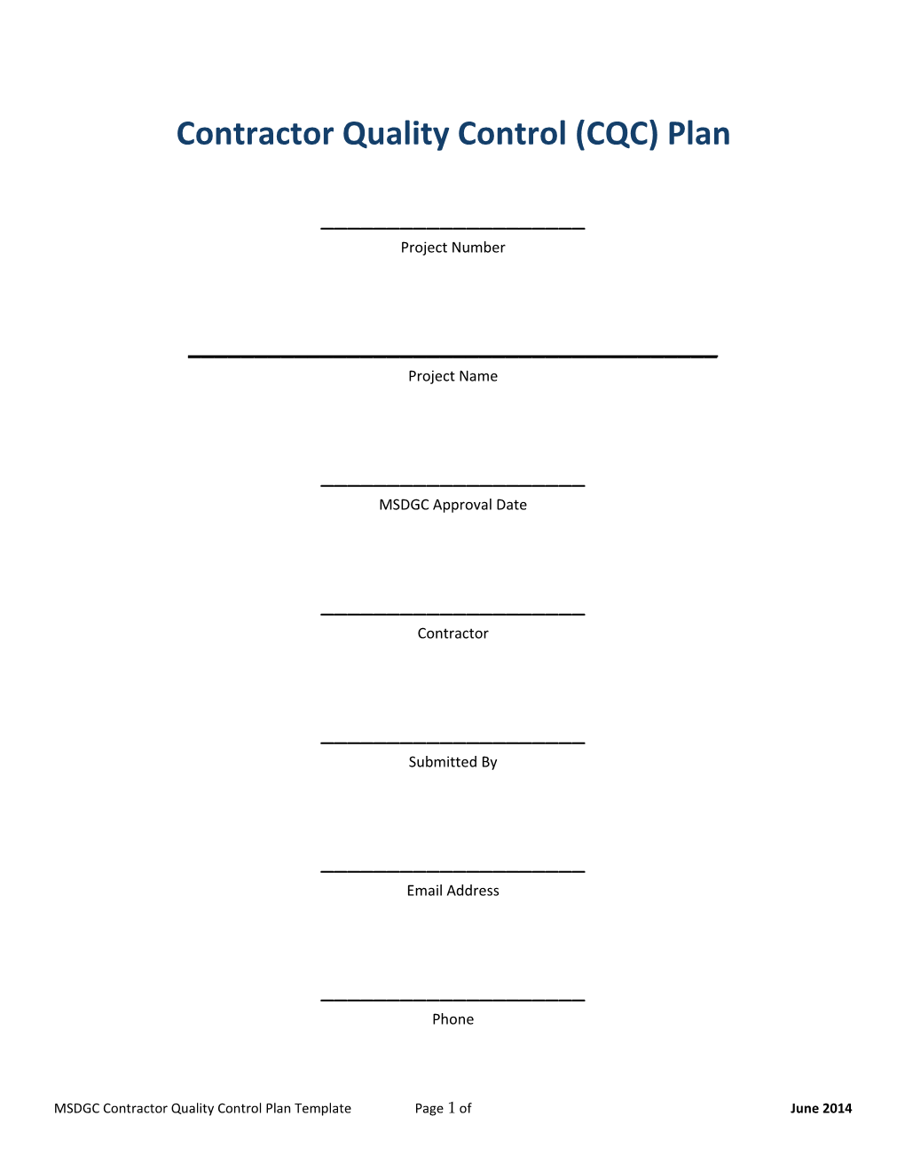 Contractor Quality Control Plan Template