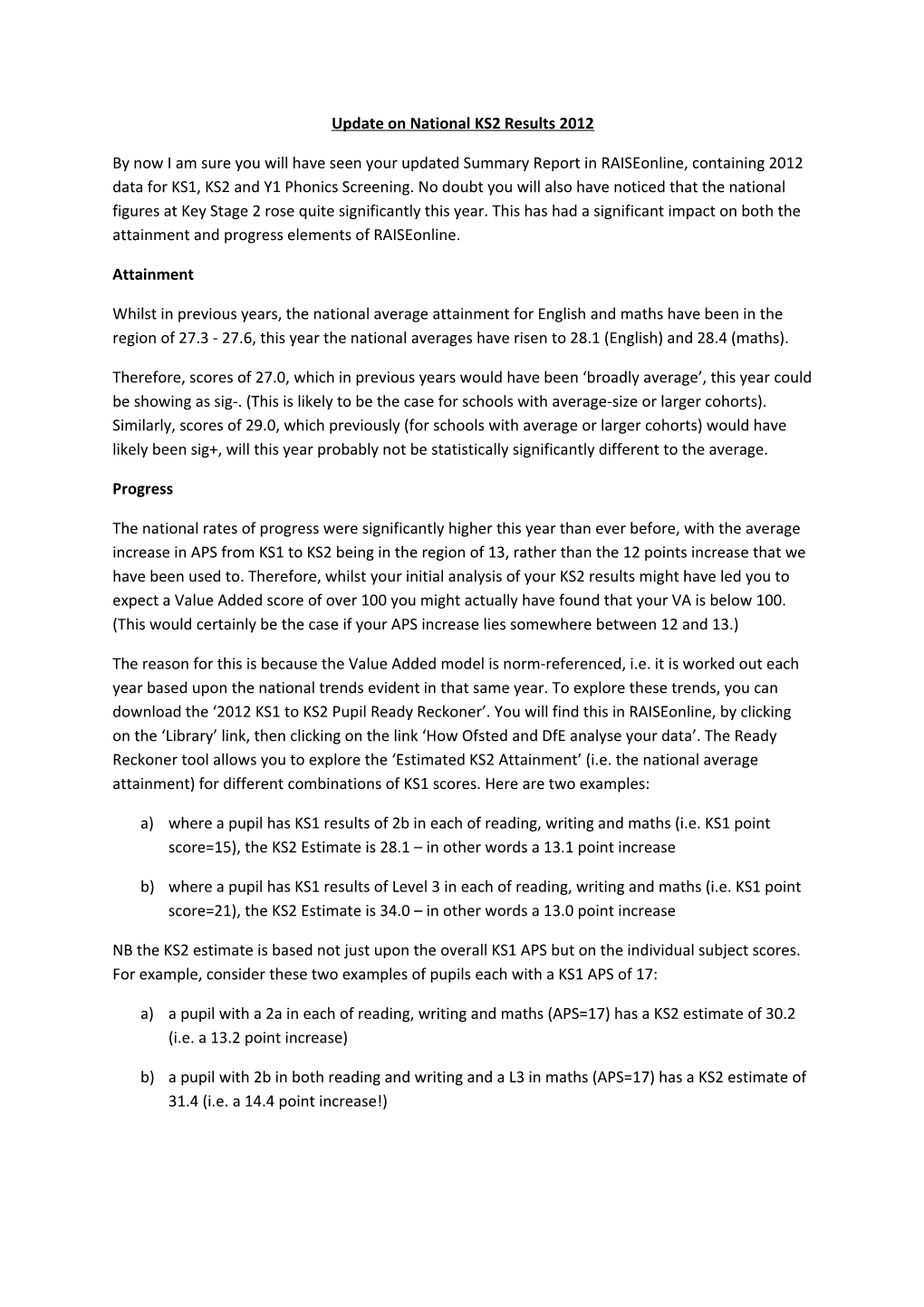 Update on National KS2 Results 2012