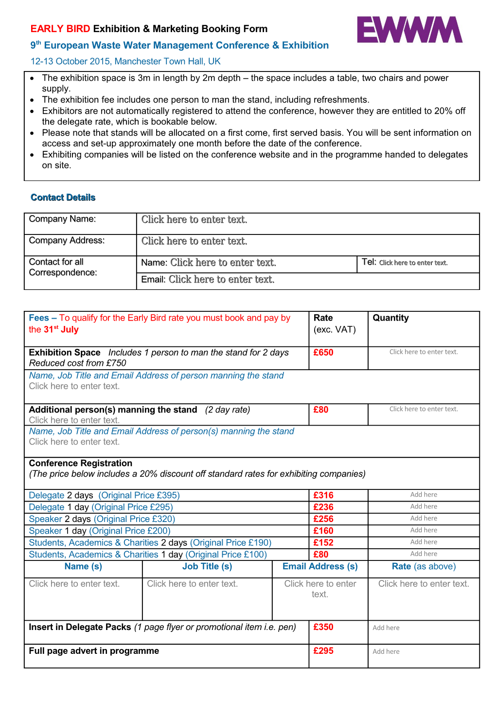 EARLY Birdexhibition & Marketing Booking Form