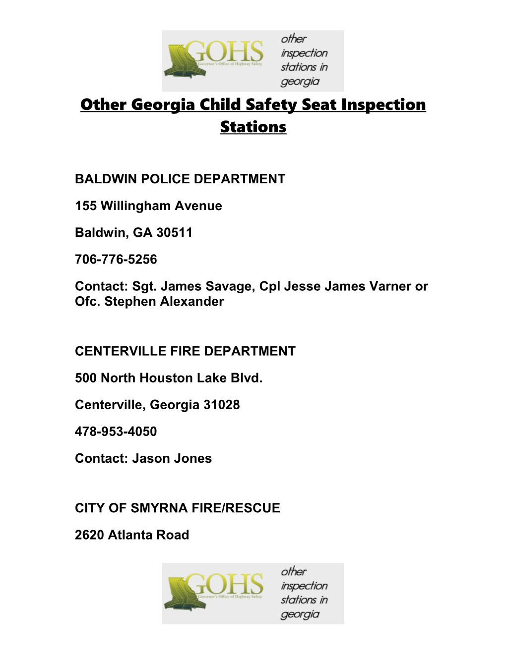 Other Georgia Child Safety Seat Inspection Stations