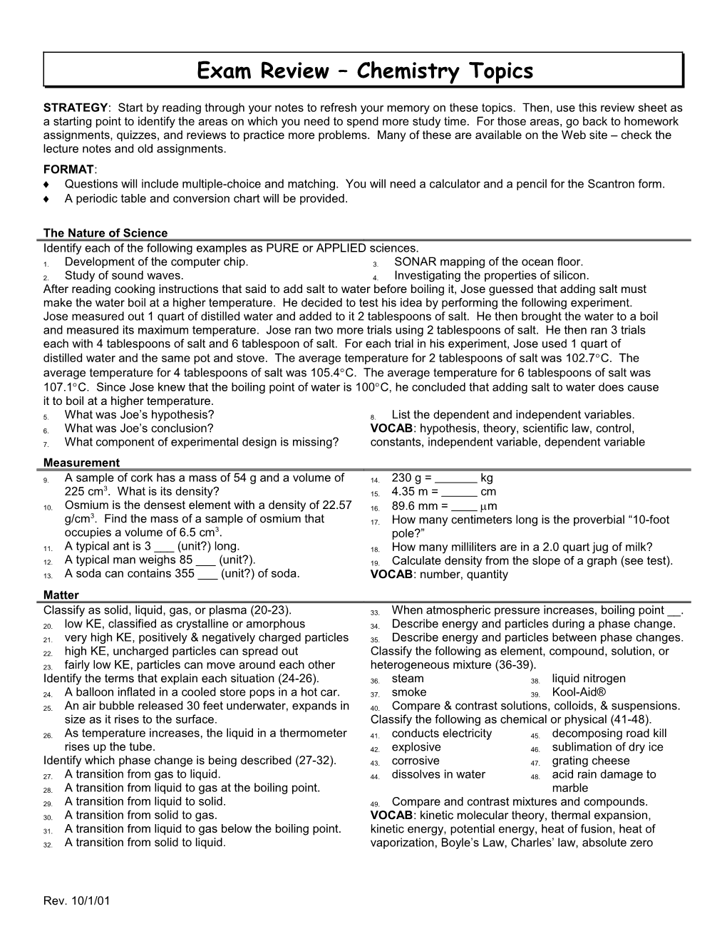 IPC Semester Exam Review Chemistry Topics