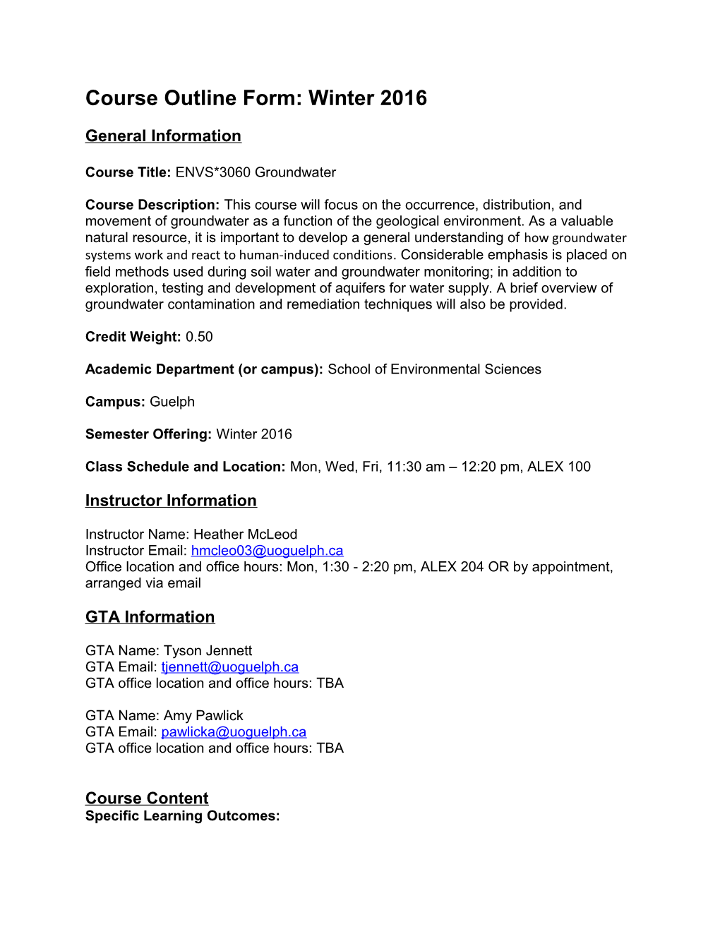 Course Outline Form: Winter 2016