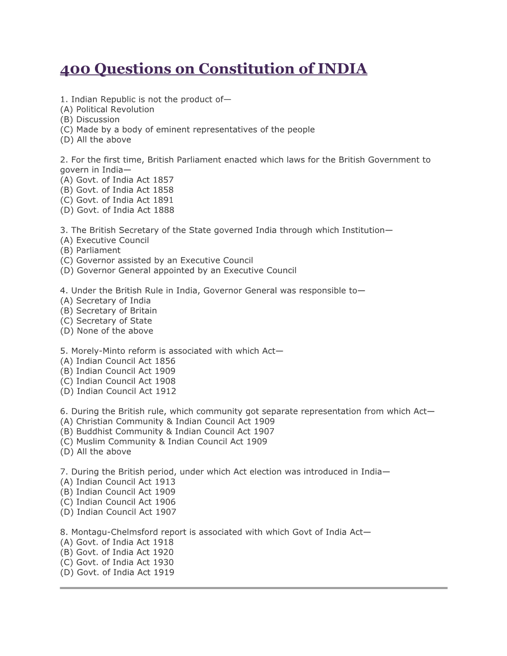 400 Questions on Constitution of INDIA