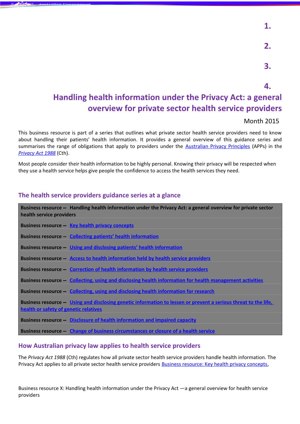 The Health Service Providers Guidance Series at a Glance