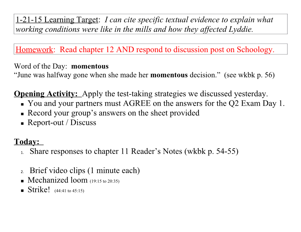 Homework: Read Chapter 12 and Respond to Discussion Post on Schoology