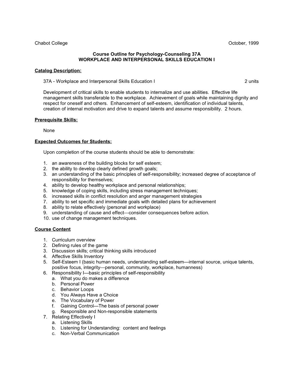 Course Outline for Workplace and Interpersonal Skills Education I, Page 1