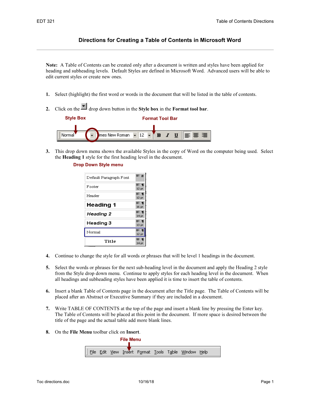 Directions for Creating Table of Contents in Microsoft Word