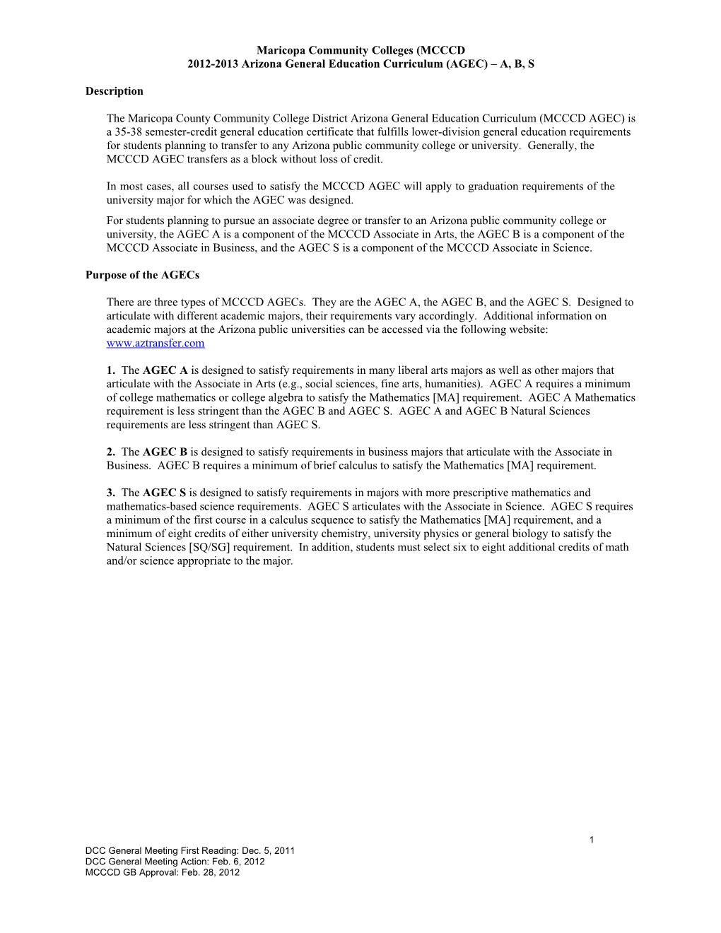 2012-2013Arizona General Education Curriculum (AGEC) A, B, S