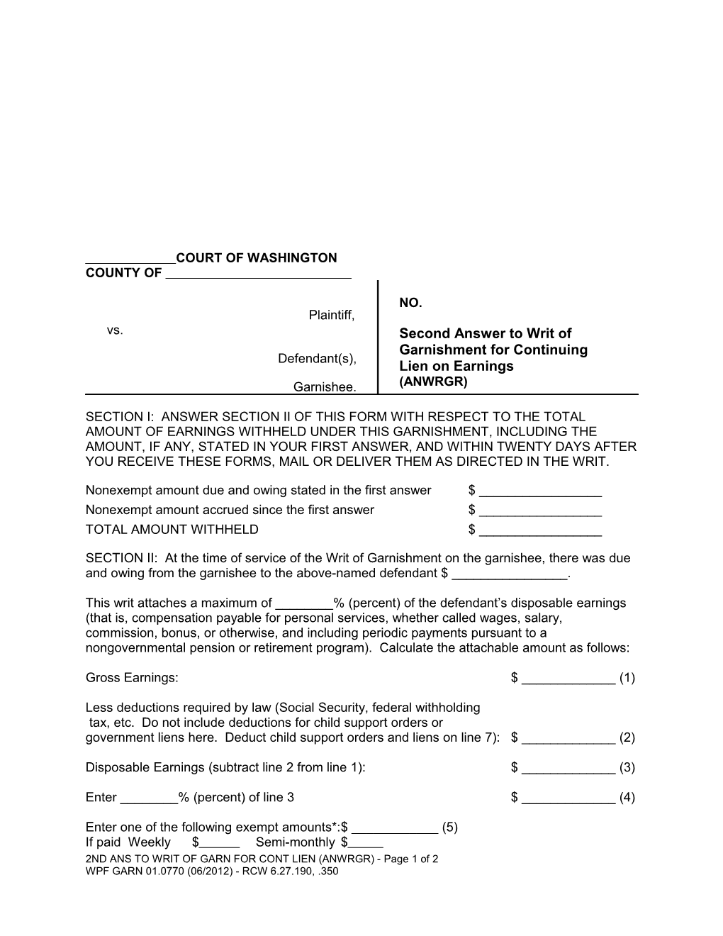 2ND ANS to WRIT of GARN for CONT LIEN (ANWRGR) - Page 1 of 2