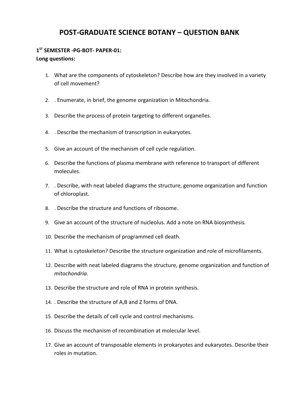 Post-Graduate Science Botany Question Bank