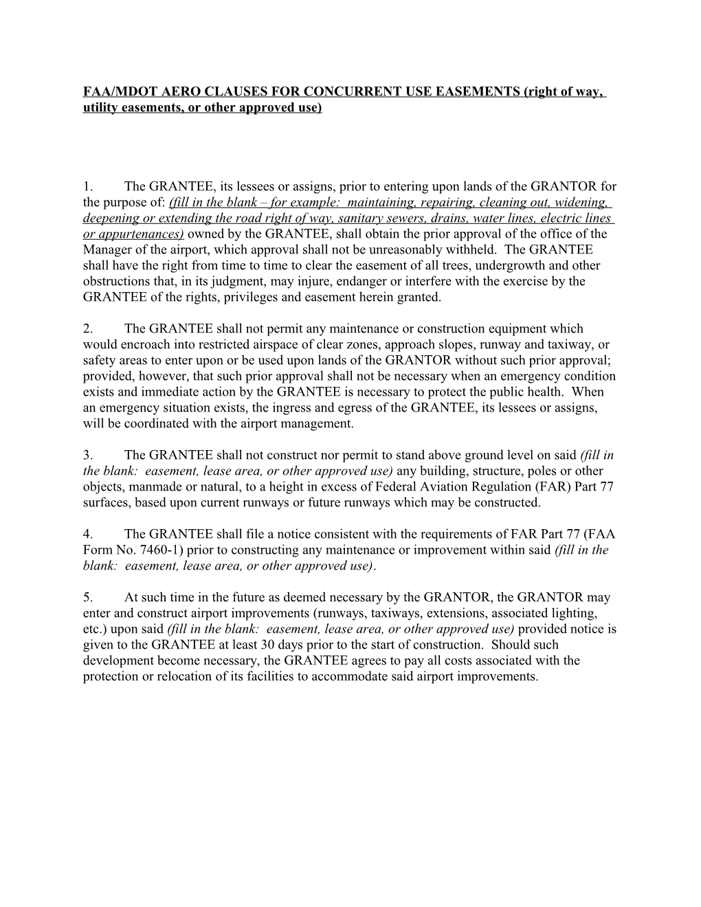 Faa/Mdot Aero Clauses for Utility Easements