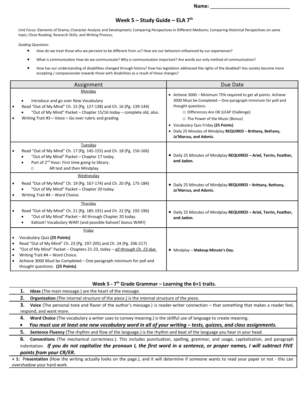 Week 5 Study Guide ELA 7Th